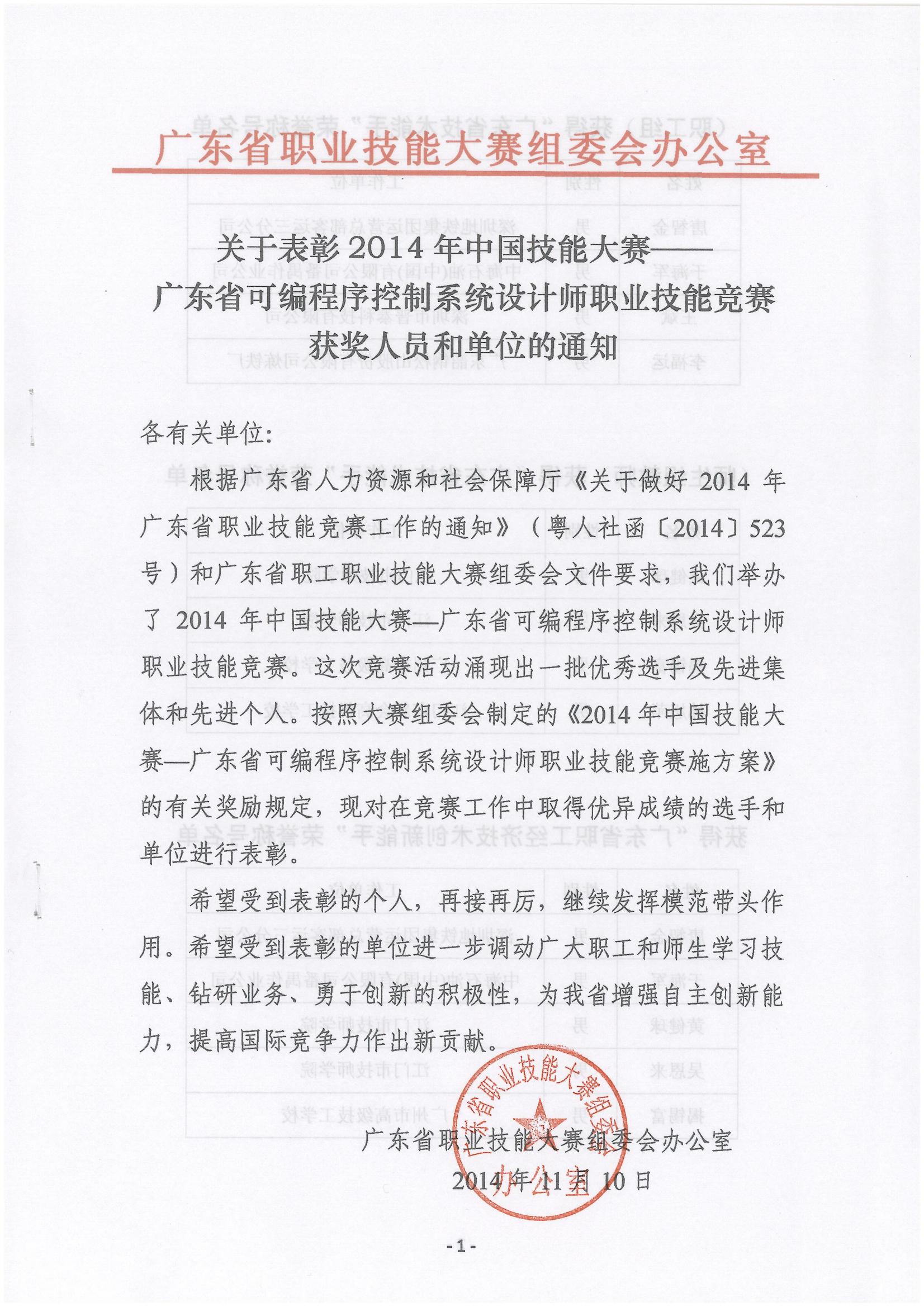 关于表彰2014年中国技能大赛-广东省可编程序控制系统设计师职业技能竞赛获奖人员和单位的通知_00.jpg